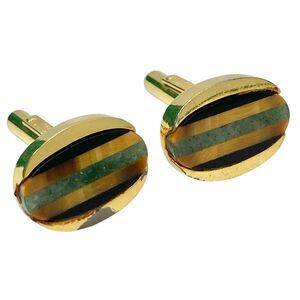 Vintage Christian Dior Semiprecious Cufflinks Gold Tone Green Stone Signed Read!